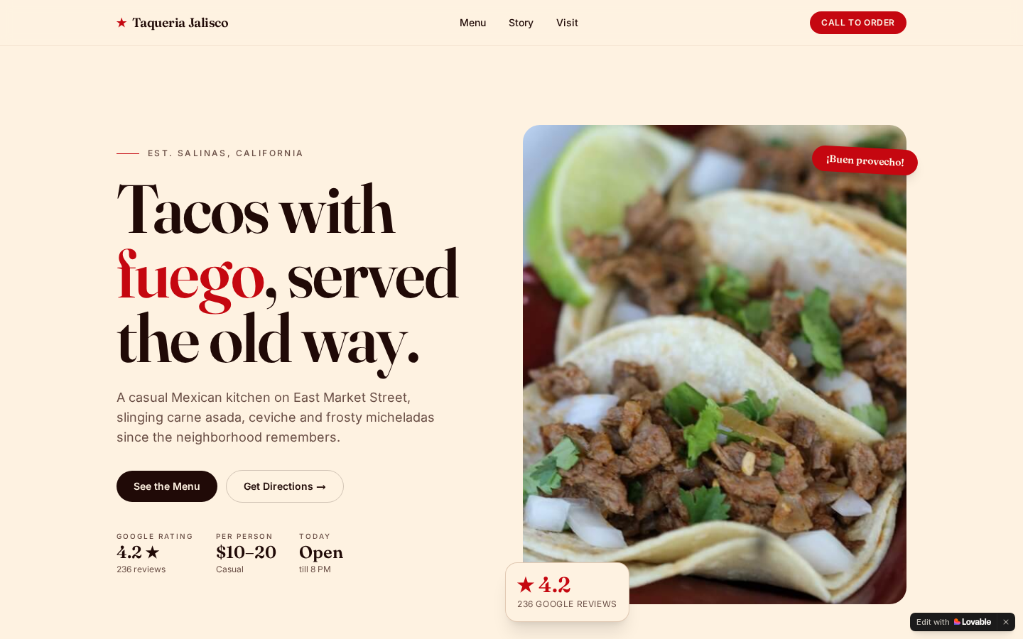 Taqueria Jalisco website shown on a tablet screen